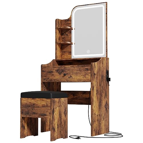 White Small Makeup Vanity Desk with Mirror and Lights, Vanity Table Set with Storage Drawer, Chair and Three Shelves P895