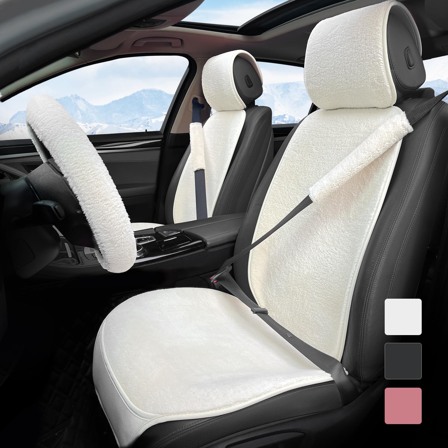 2 Pack White Faux Sheepskin Car Front Seat Cover Set with Steering Wheel Cover and Seat Belt Pad R74375