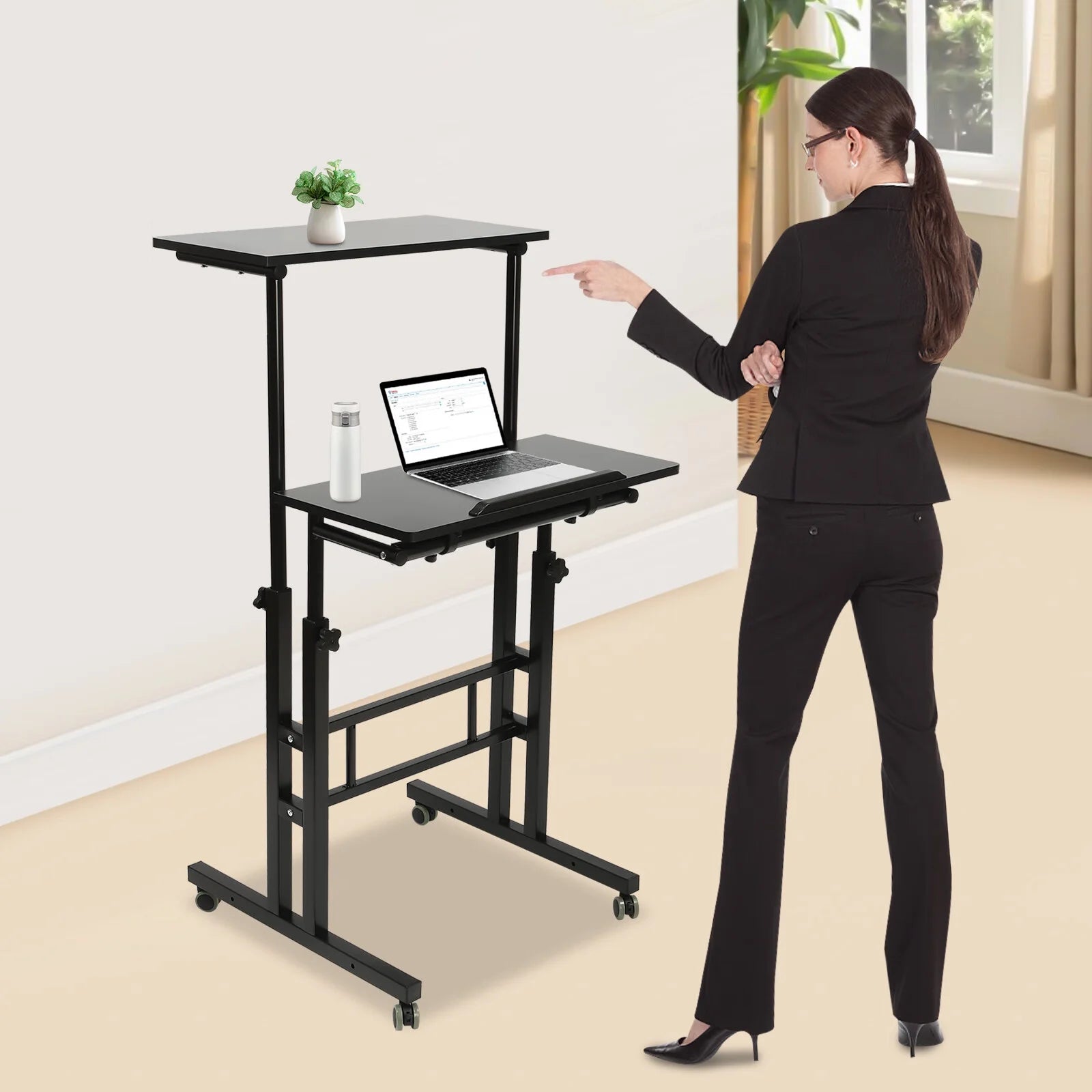 24" Mobile Stand Up Desk Adjustable Height Small Storage Desk with Wheels Black Q8598