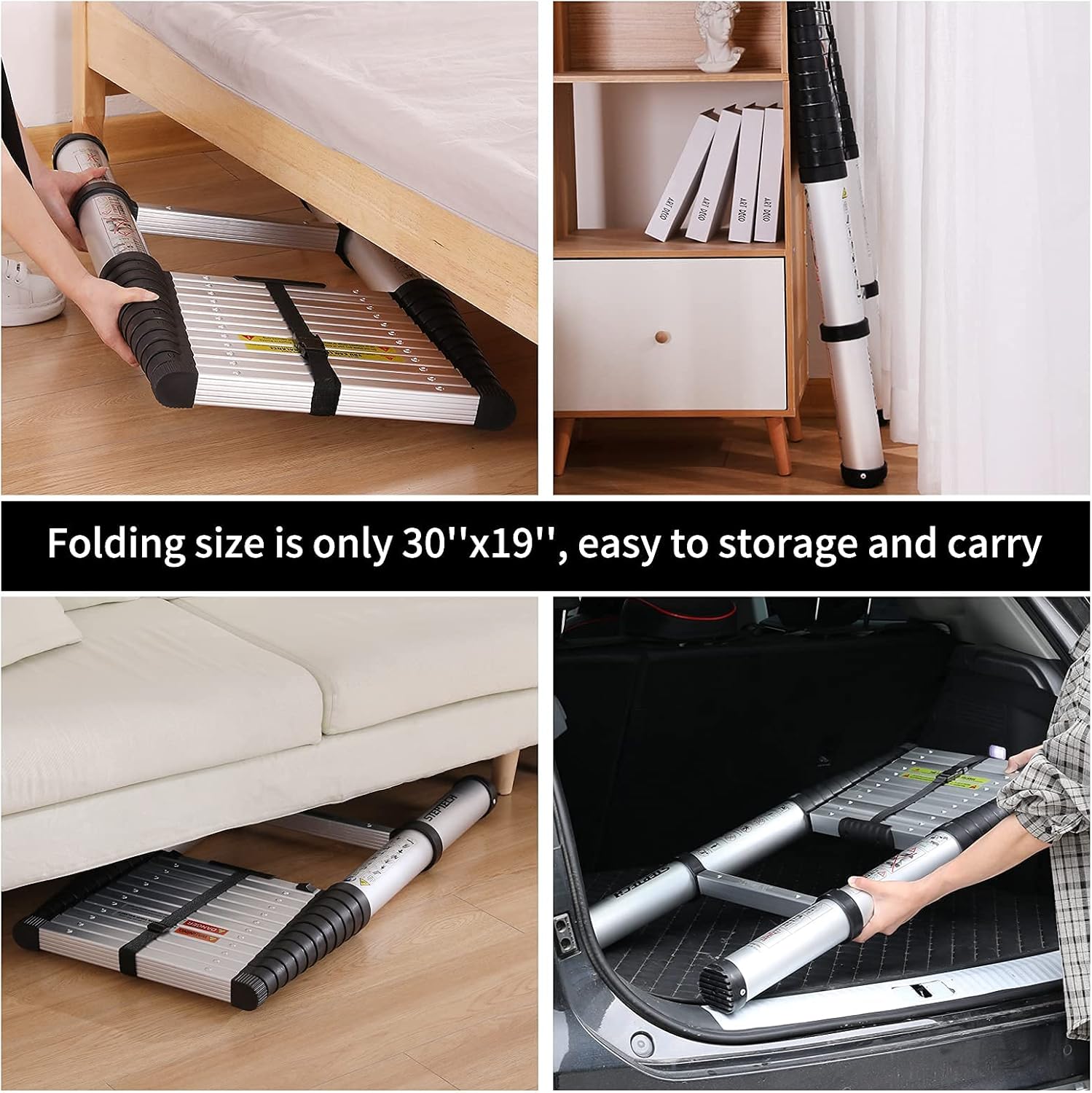 Telescoping Ladder 9.5 ft Aluminum Anti-Pinch Collapsible Ladder 330 lbs Capacity D94839
