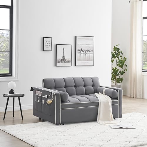 Gray Velvet Convertible Sleeper Sofa with Pull Out Bed V5996