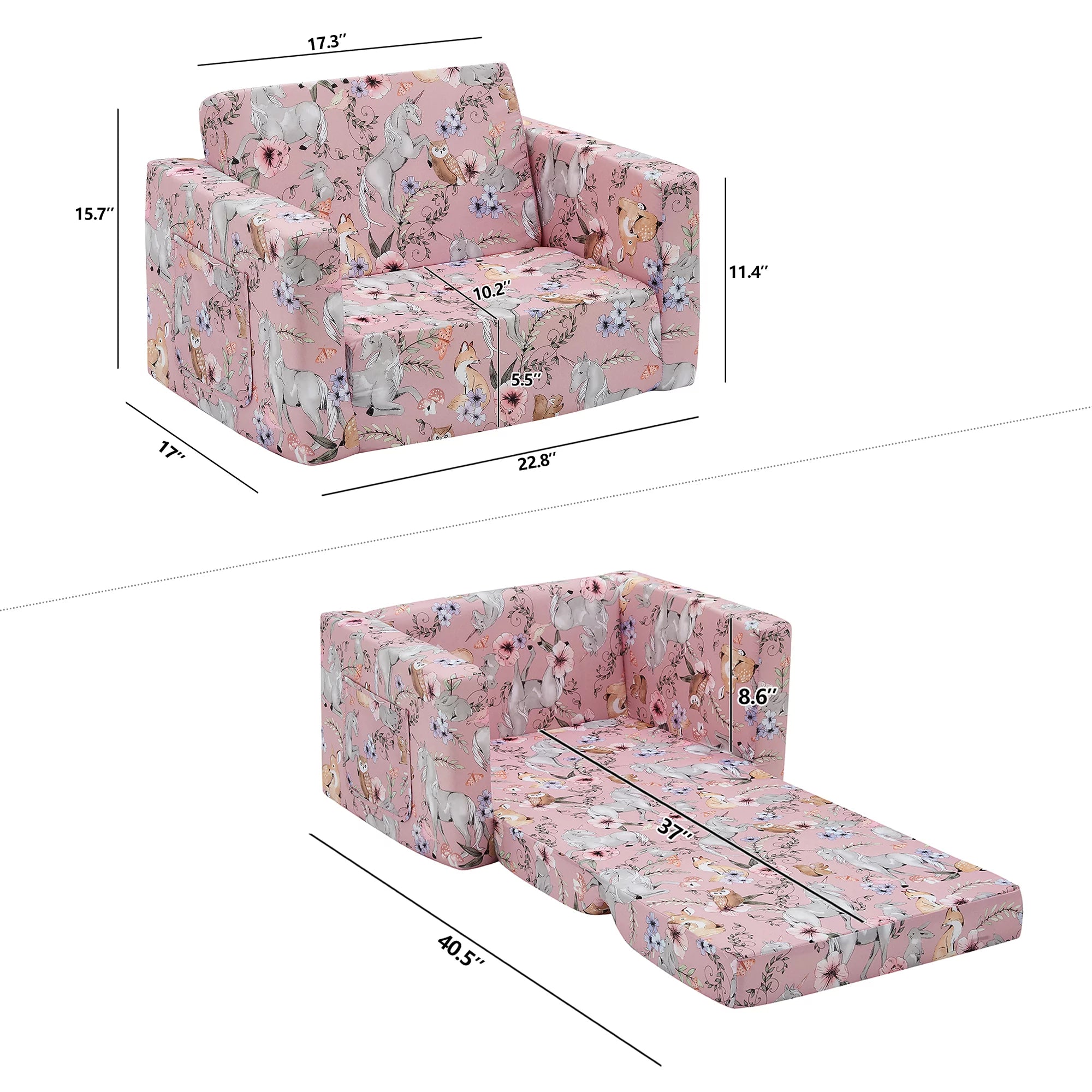 Pink Unicorn Convertible Kids Chair Sofa M3302