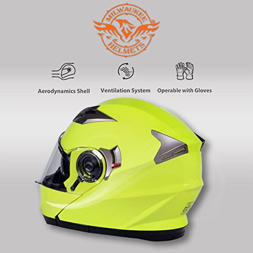Neon Yellow Motorcycle Modular Helmet with Drop Down Visor K37827