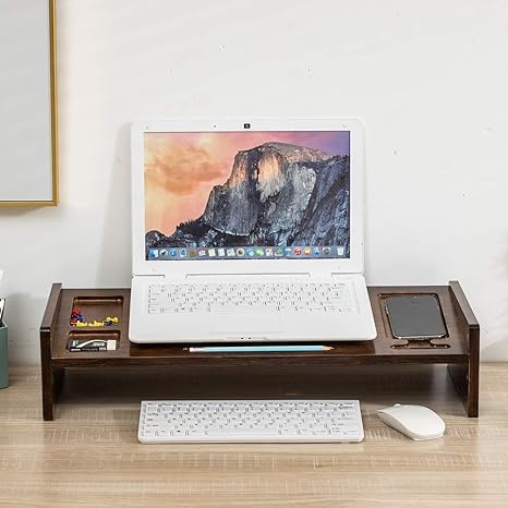 Bamboo Monitor Stand Riser with Drawer, 2 Tier Desk Organizer Stand U143