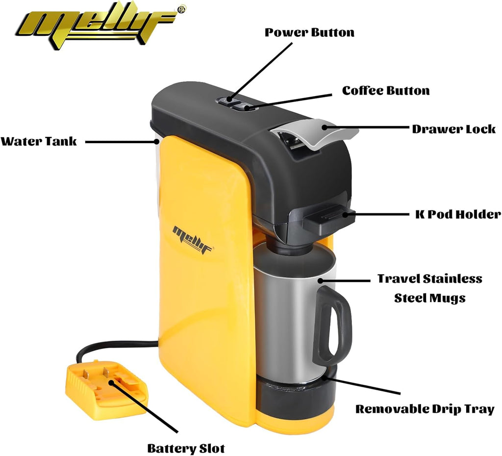 Cordless Coffee Maker for Dewalt 20V Max Battery, Portable Single-Serve Brewer for K-Cup Pods and Ground Coffee S2681