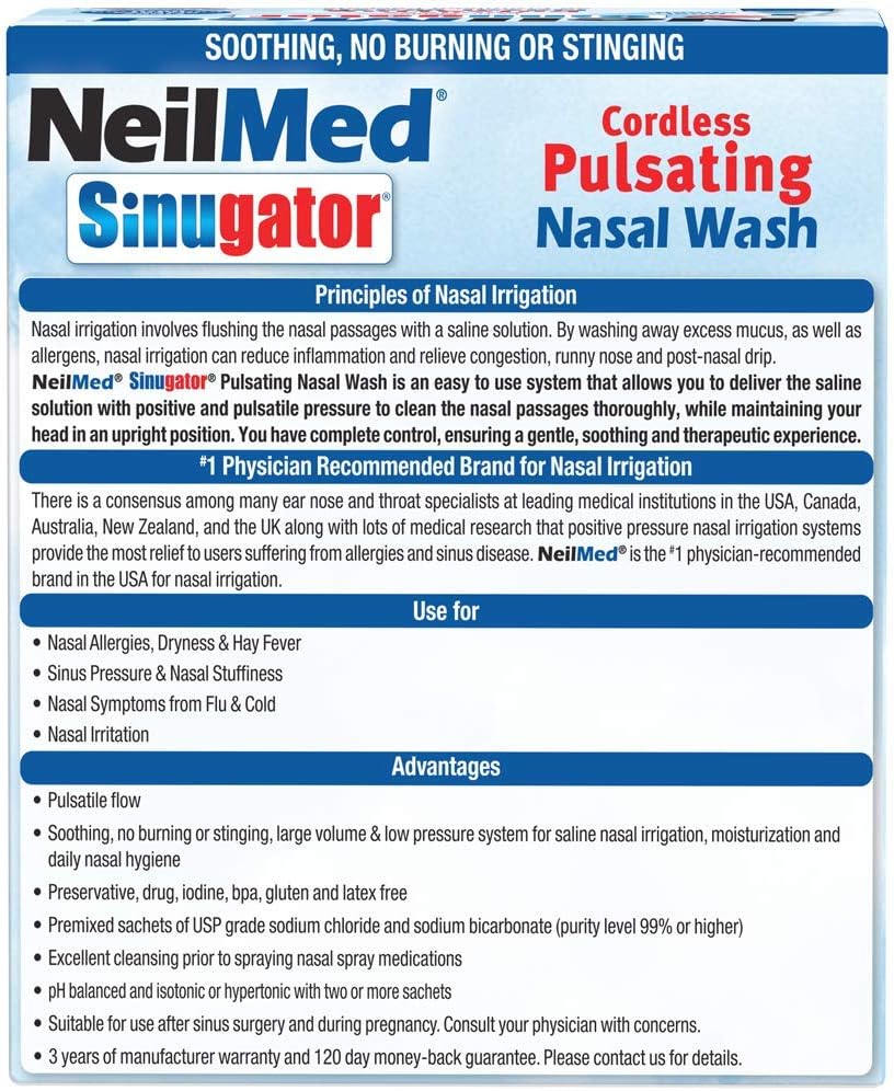 Cordless Pulsating Nasal Wash Kit with 30 Premixed Packets and 3 AA Batteries C401