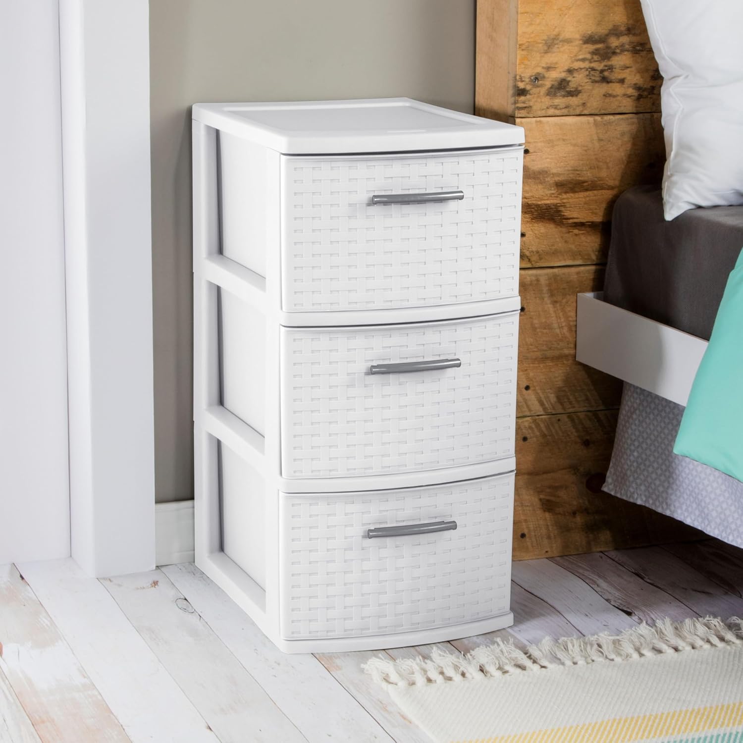 White 3 Drawer Weave Tower P44374