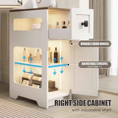 White Glass Top Corner Vanity Desk with Mirror and Lights, 4 Drawers Z437806
