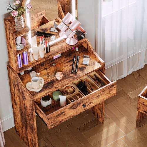 White Small Makeup Vanity Desk with Mirror and Lights, Vanity Table Set with Storage Drawer, Chair and Three Shelves P895