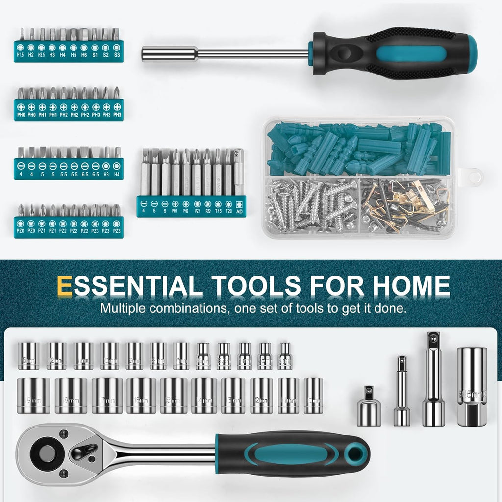 287PCs Hand Tool Set with Hammer, Pliers, Ratchet Wrench, Socket, Tool Box Case H232
