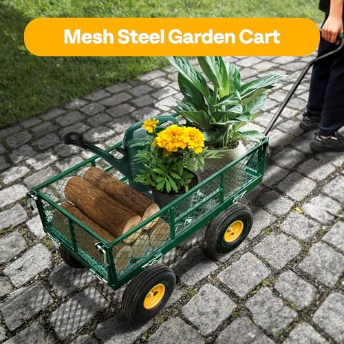 Heavy Duty Mesh Steel Garden Cart Folding Utility Wagon with Removable Sides and 10 inch Tire (Black) V787314