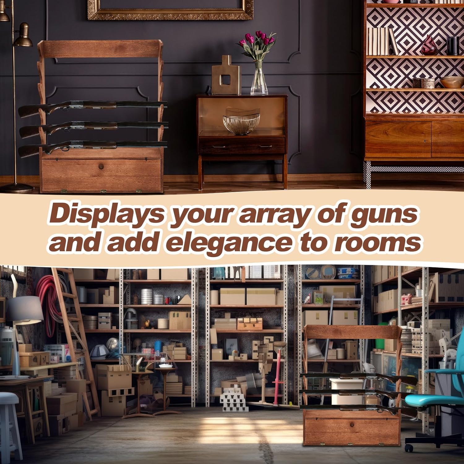 Walnut Color Pine Wood Gun Display Rack with Storage Compartment H2834