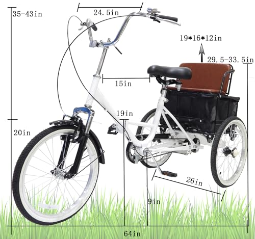 Adult Tricycle 7 Speed 20in Wheels Folding Bicycle with Cargo Basket I27044