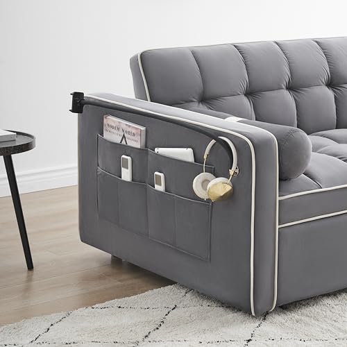 Gray Velvet Convertible Sleeper Sofa with Pull Out Bed V5996