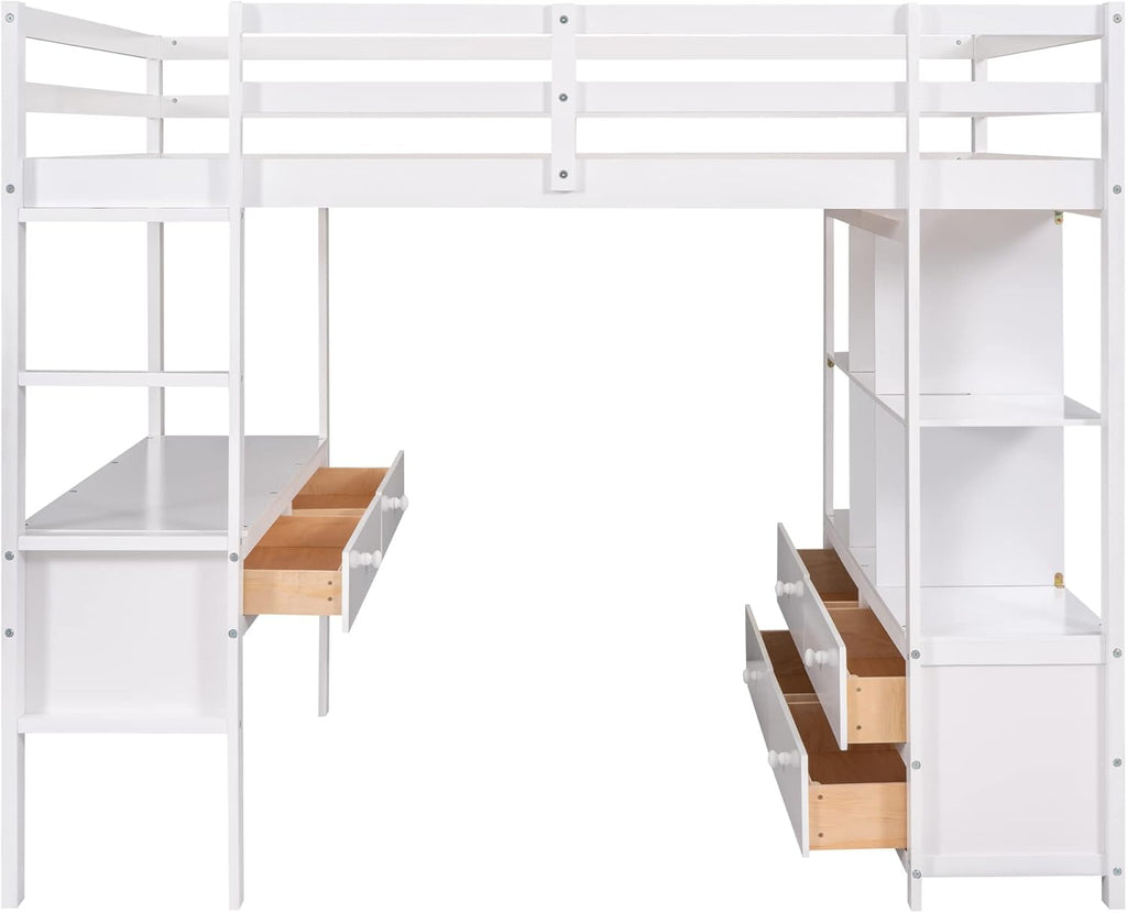 White Wooden Loft Bed with Built-in Desk and Two Drawers H377687