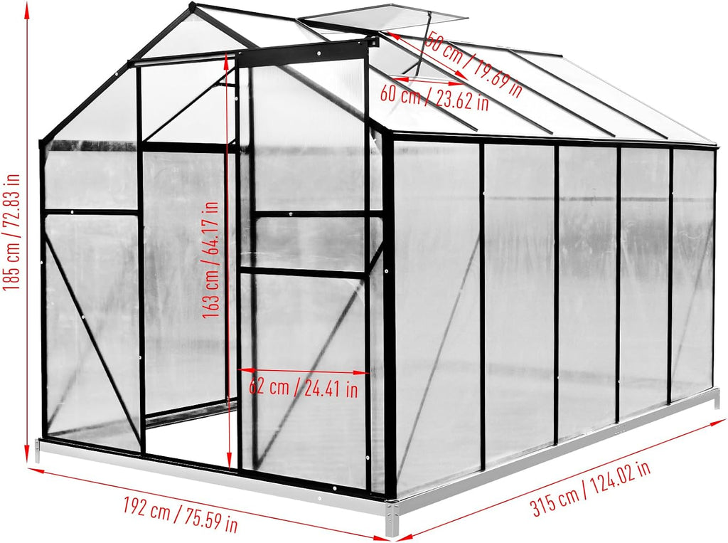 10x6 FT Polycarbonate Greenhouses with Sliding Door and Adjustable Vent Window, Black Q3784