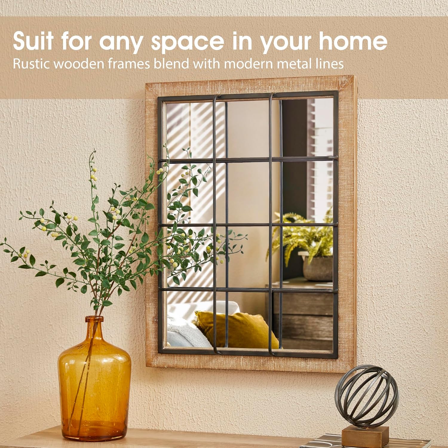 Windowpane Wall Mirror 24'' x 32'' Rectangle Wood Metal Frame F848