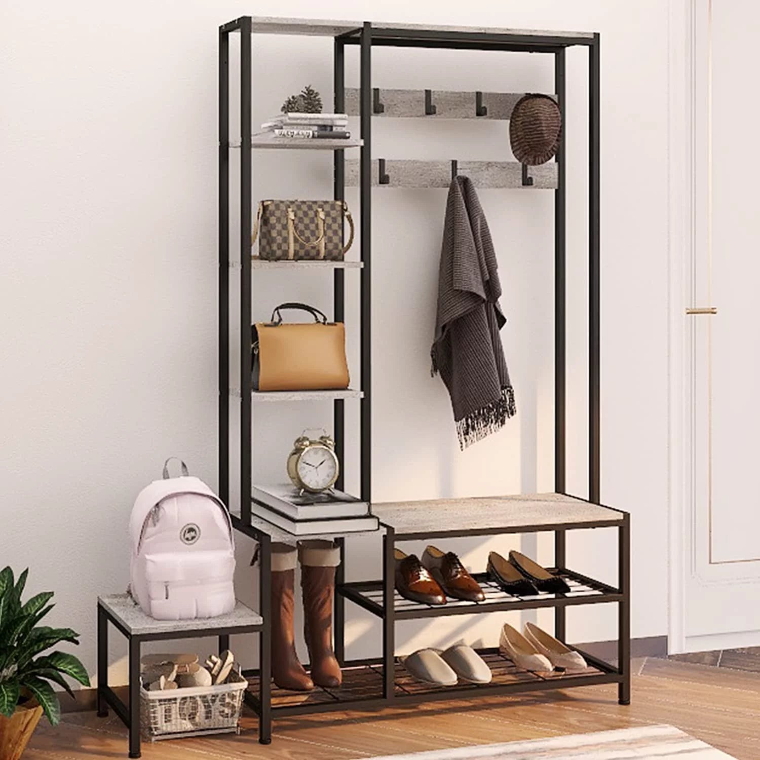 Hall Tree with Shoe Storage Bench, Coat Rack with 7 Hooks, 4 Tier Side Shelves C1674