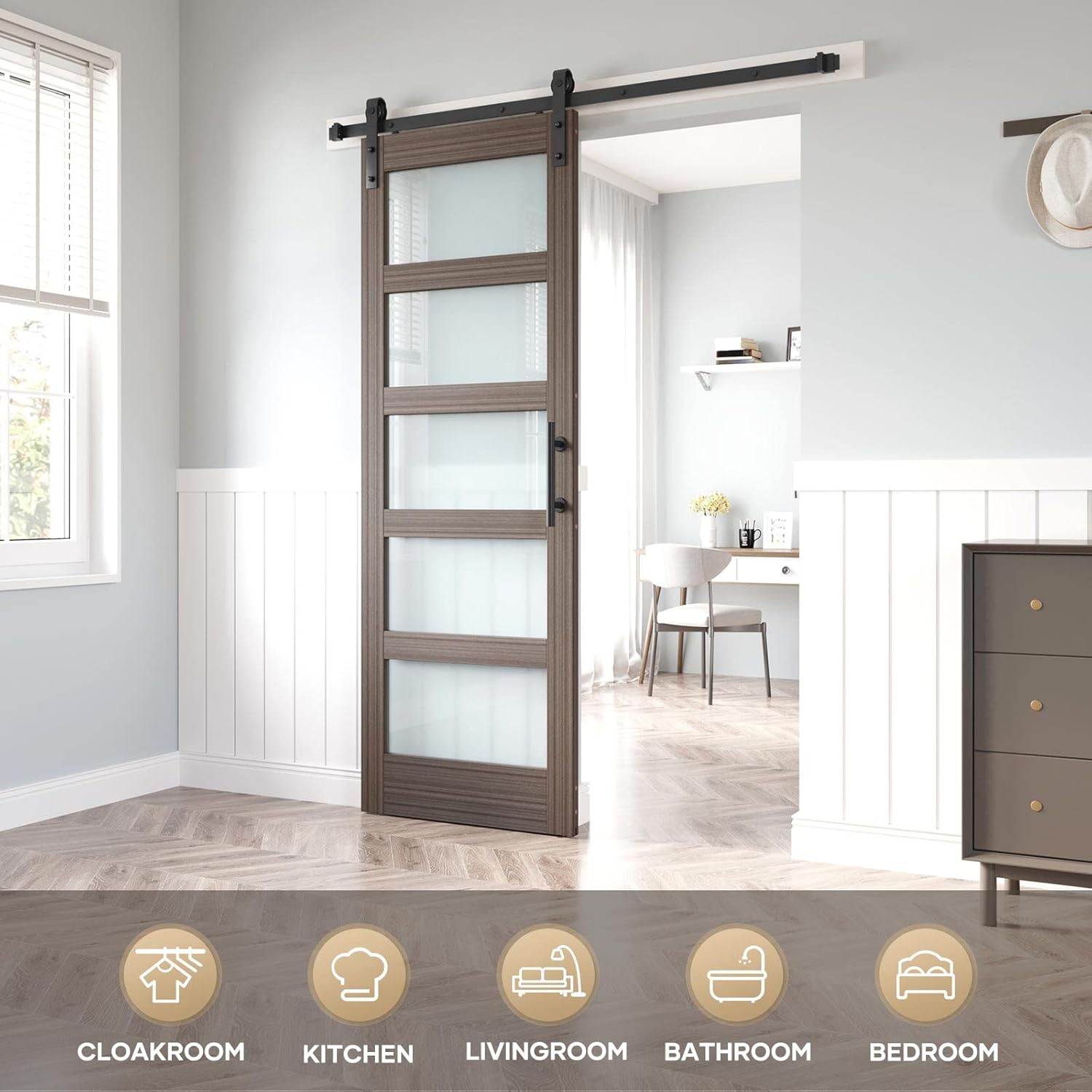 Glass Sliding Barn Door Slab with Hardware Kit, MDF Wood Panel with PVC Surface V4740