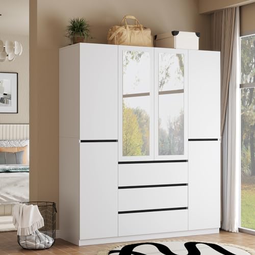 White 4 Door Wooden Armoire Wardrobe with Mirror F4543