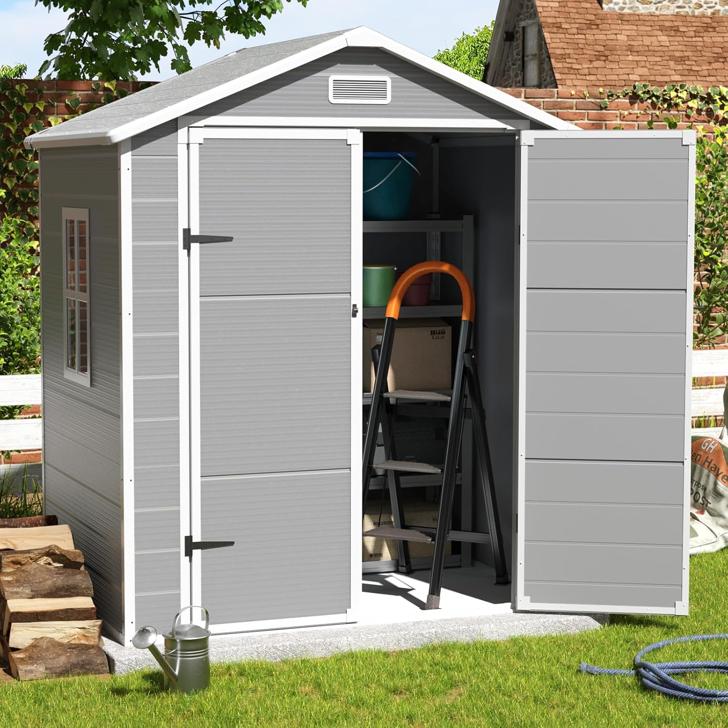Grey & White 6x4.5 FT Resin Storage Shed with Floor and Lockable Door Q12362