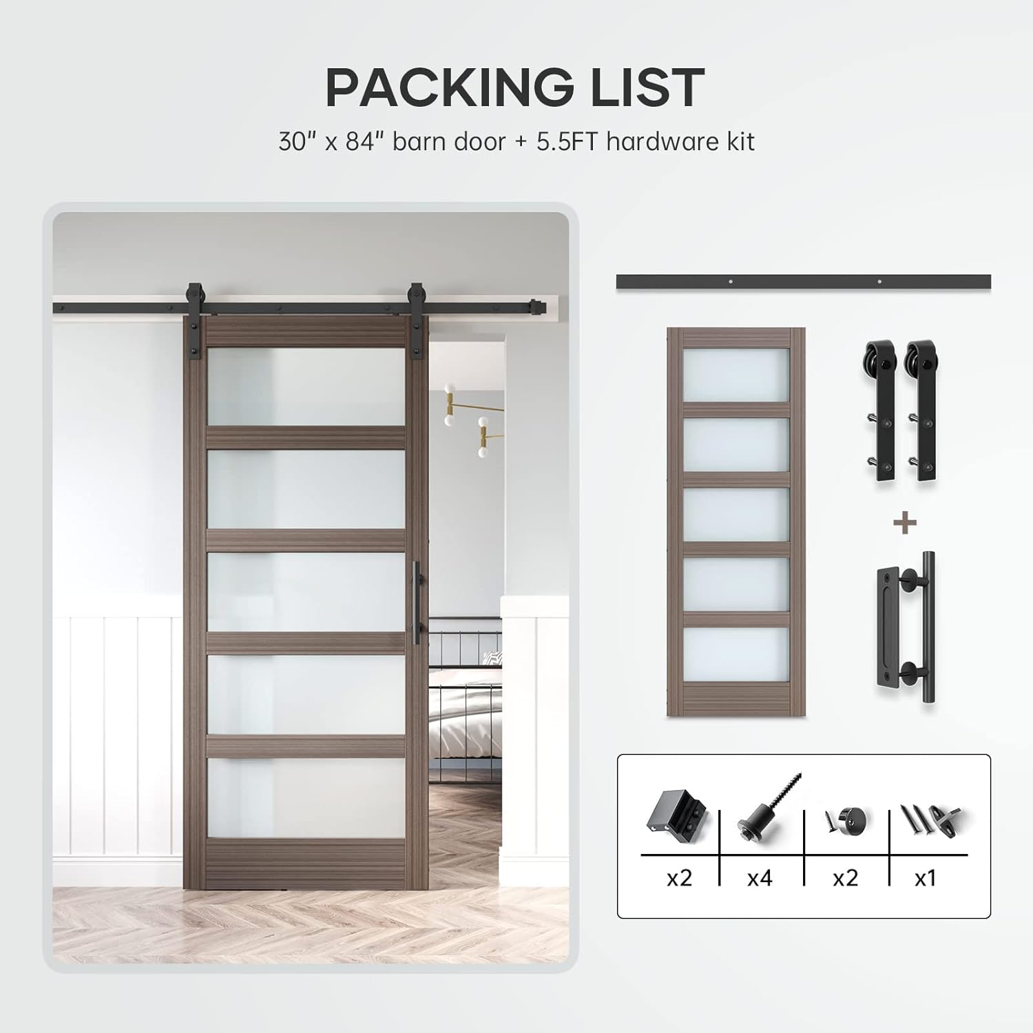 Glass Sliding Barn Door Slab with Hardware Kit, MDF Wood Panel with PVC Surface V4740