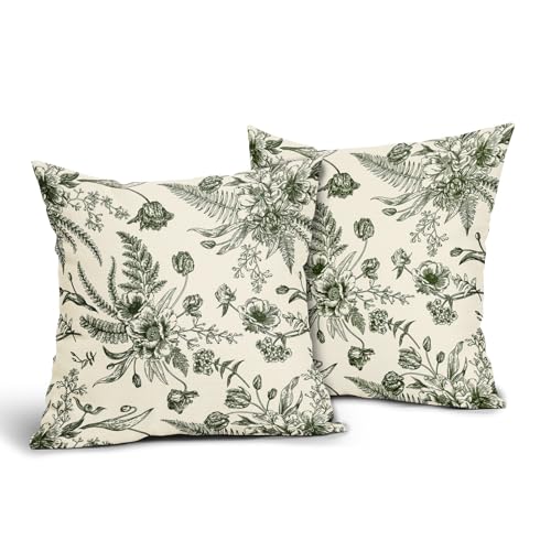 Dark Green Cream Flowers 20x20 Inch 2 Packs Throw Pillow Covers U6910