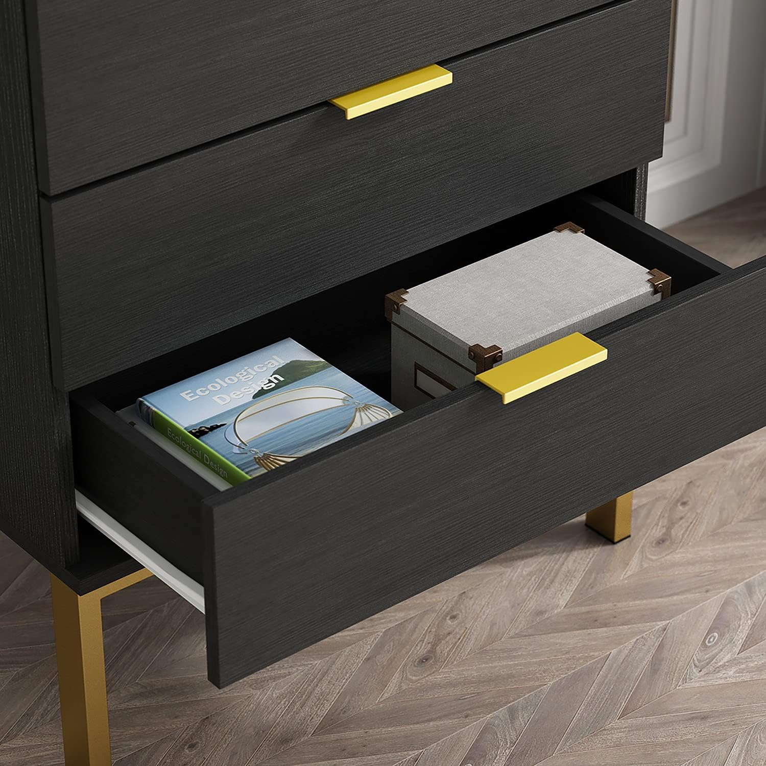 Black 5 Drawer Wood Dresser with Gold Metal Legs H285
