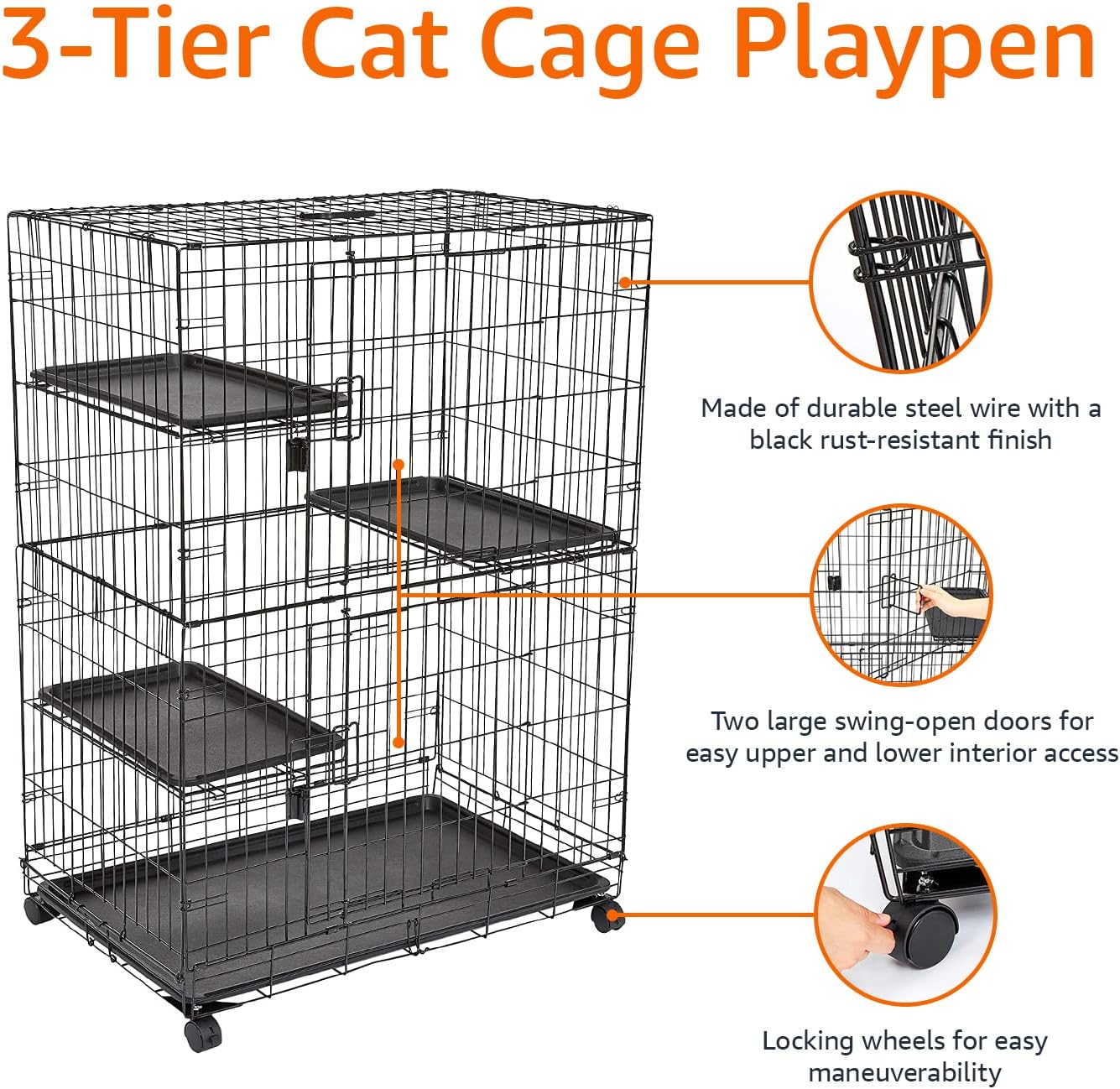 Large 3-Tier Cat Cage Playpen Crate Kennel, Black C4177