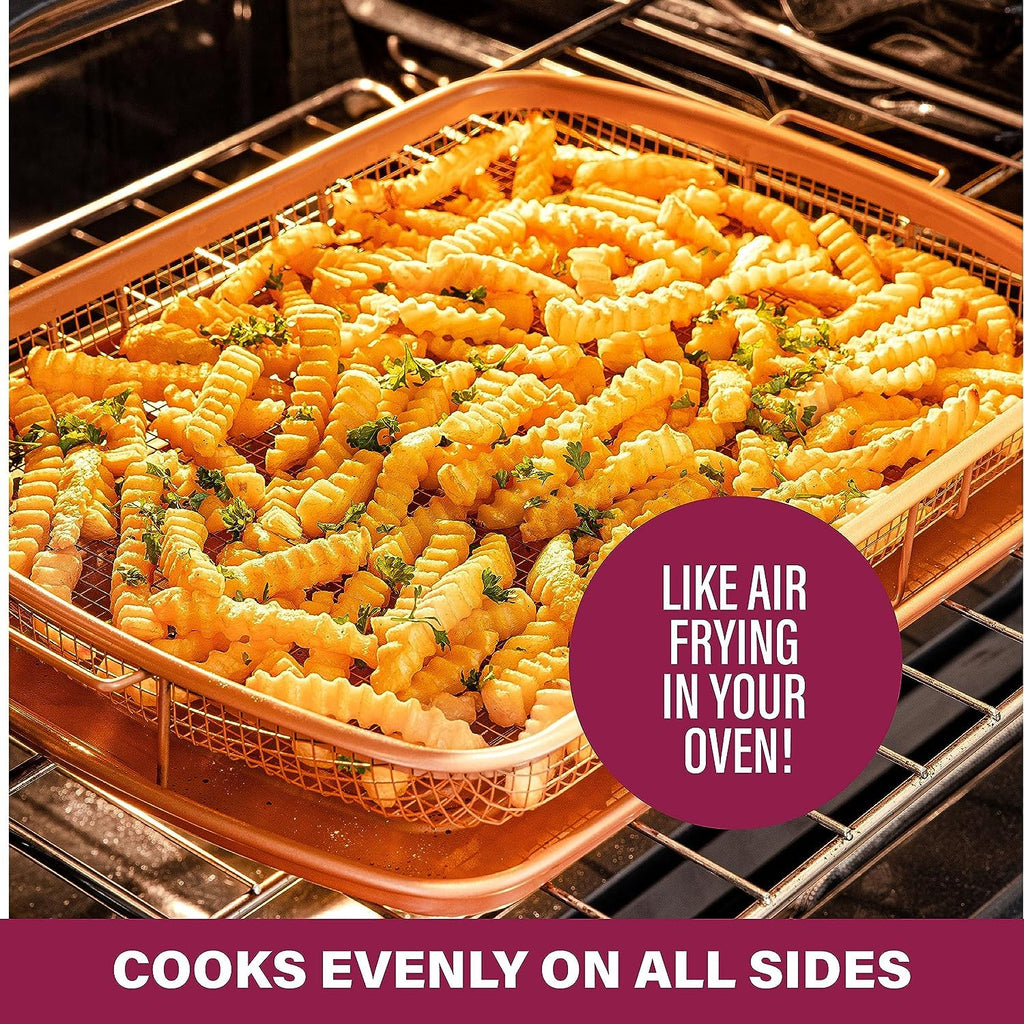 2 Piece Nonstick Air Fryer Tray + Basket, Copper Crisper Tray, 16.5” x 12” E87786