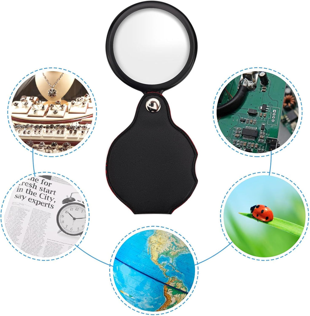 5pcs 10x Mini Magnifier, 2.1" Pocket Magnifying Glass with Rotating Protective Leather Sheath G749