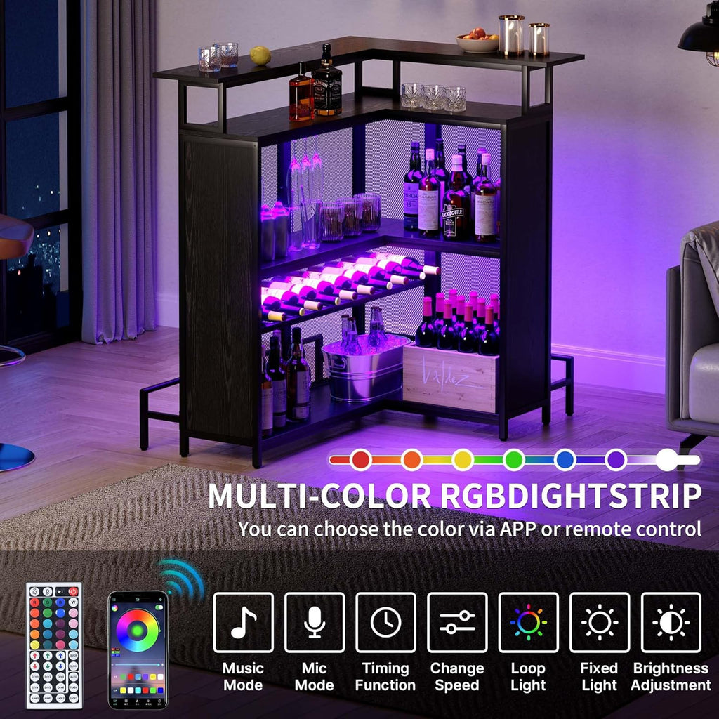 Black L Shaped Mini Home Bar Unit with Music Sensing LED Light, Tall Bars Furniture Table with Wine Rack Alcohol Storage Glasses Hanger Footrest E3108