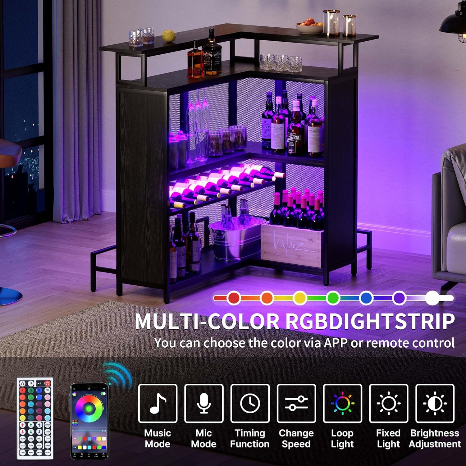 Black L Shaped Mini Home Bar Unit with Music Sensing LED Light, Tall Bars Furniture Table with Wine Rack Alcohol Storage Glasses Hanger Footrest E3108