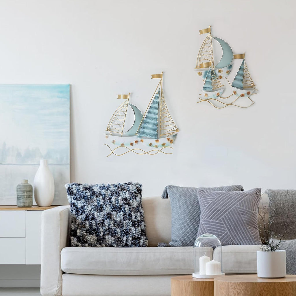 Set of 2 Blue Metal Sail Boat Wall Sculpture H3605