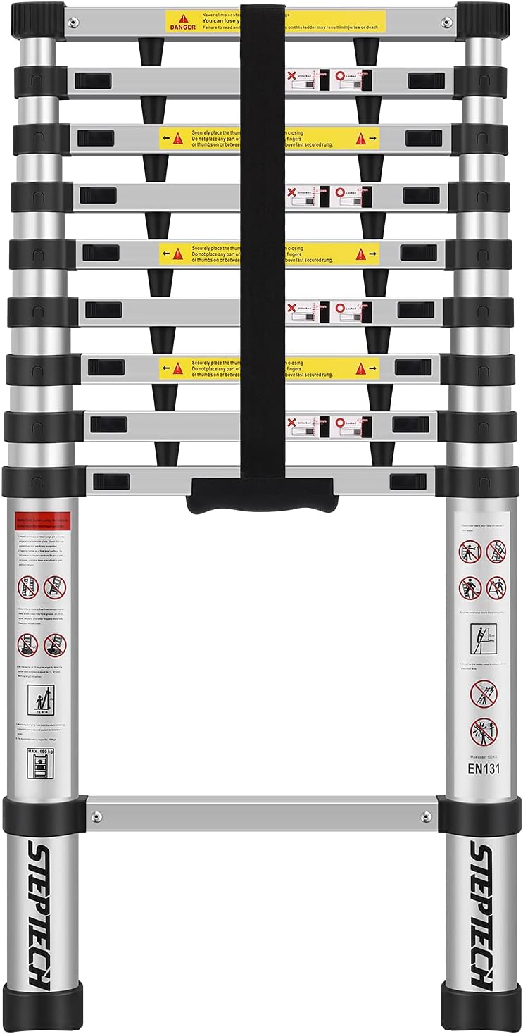 Telescoping Ladder 9.5 ft Aluminum Anti-Pinch Collapsible Ladder 330 lbs Capacity D94839