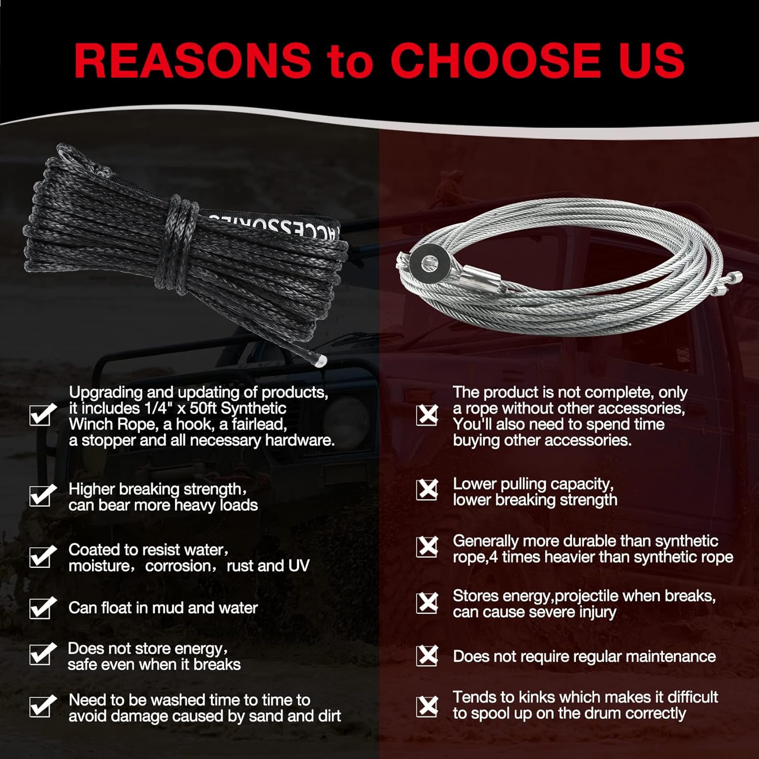 1/4" 50 Ft Black Synthetic Winch Rope with Steel Hook C74861