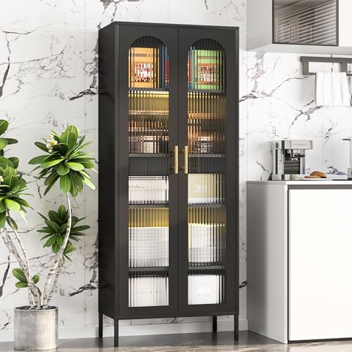 Black Tall Glass Display Cabinet with 4 Adjustable Shelves D1144
