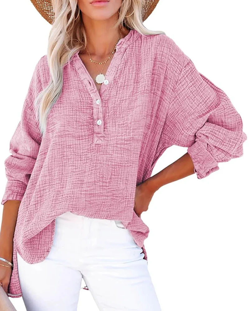 Womens Button V Neck Long Sleeve Shirts Solid Blouses Tops S585