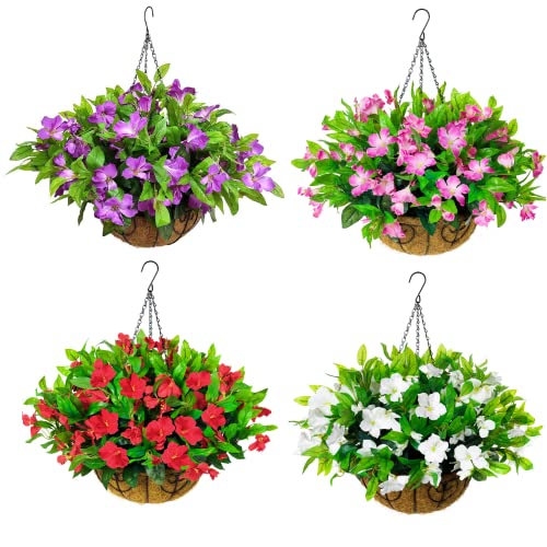 Pink Faux Azalea Hanging Basket in Pot Planter P4094