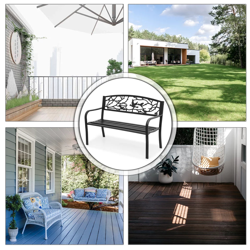 Black Cast Iron Outdoor Garden Bench with Slatted Seat J141809