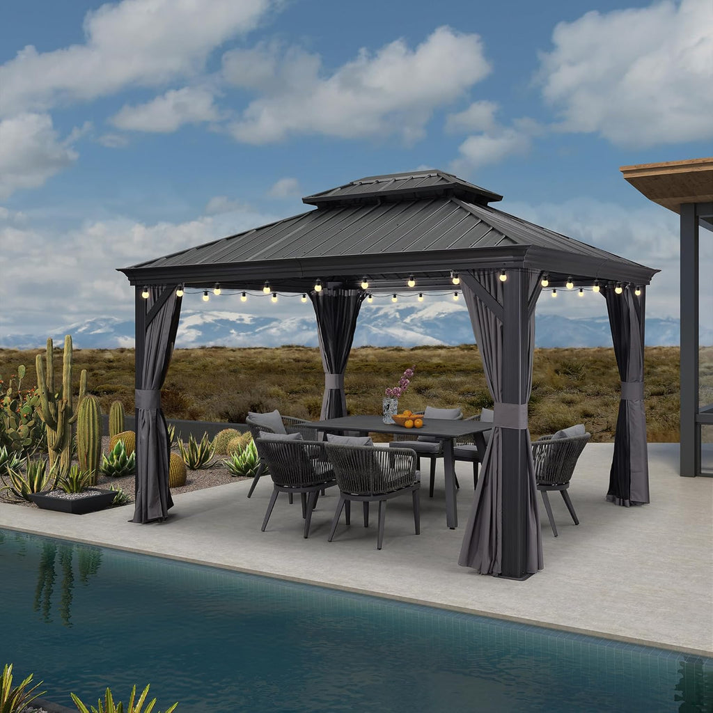 Grey 10' x 12' Hardtop Galvanized Steel Double Roof Gazebo R44908