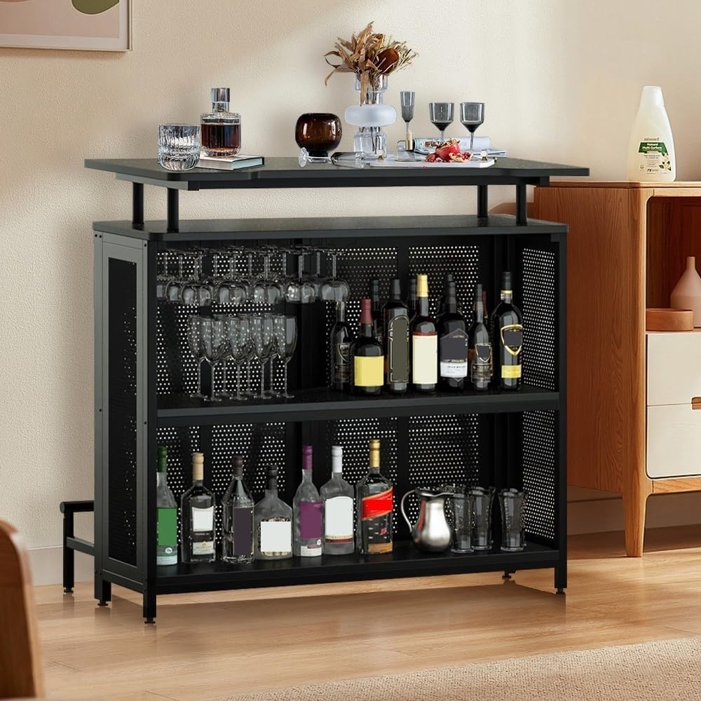 Industrial 3-Tier Liquor Bar Table with Stemware Rack L7310