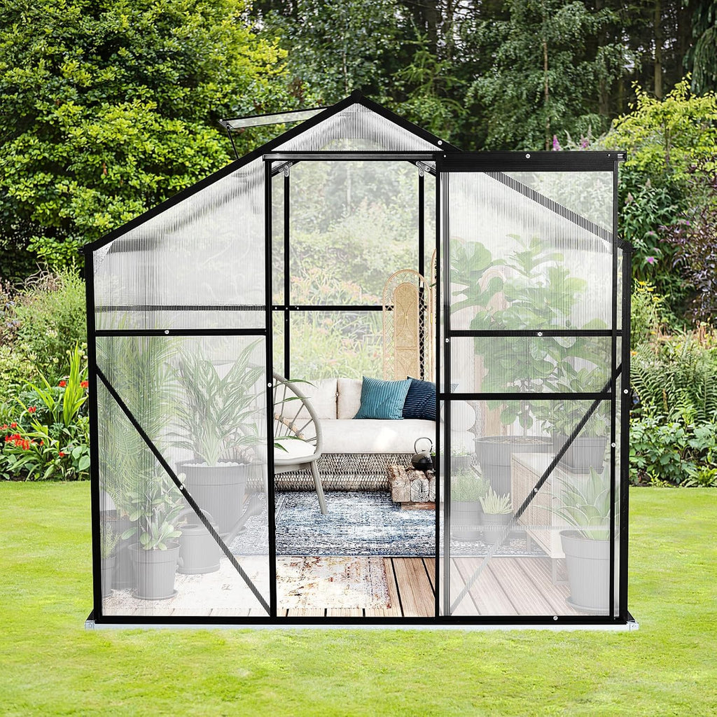 10x6 FT Polycarbonate Greenhouses with Sliding Door and Adjustable Vent Window, Black Q3784