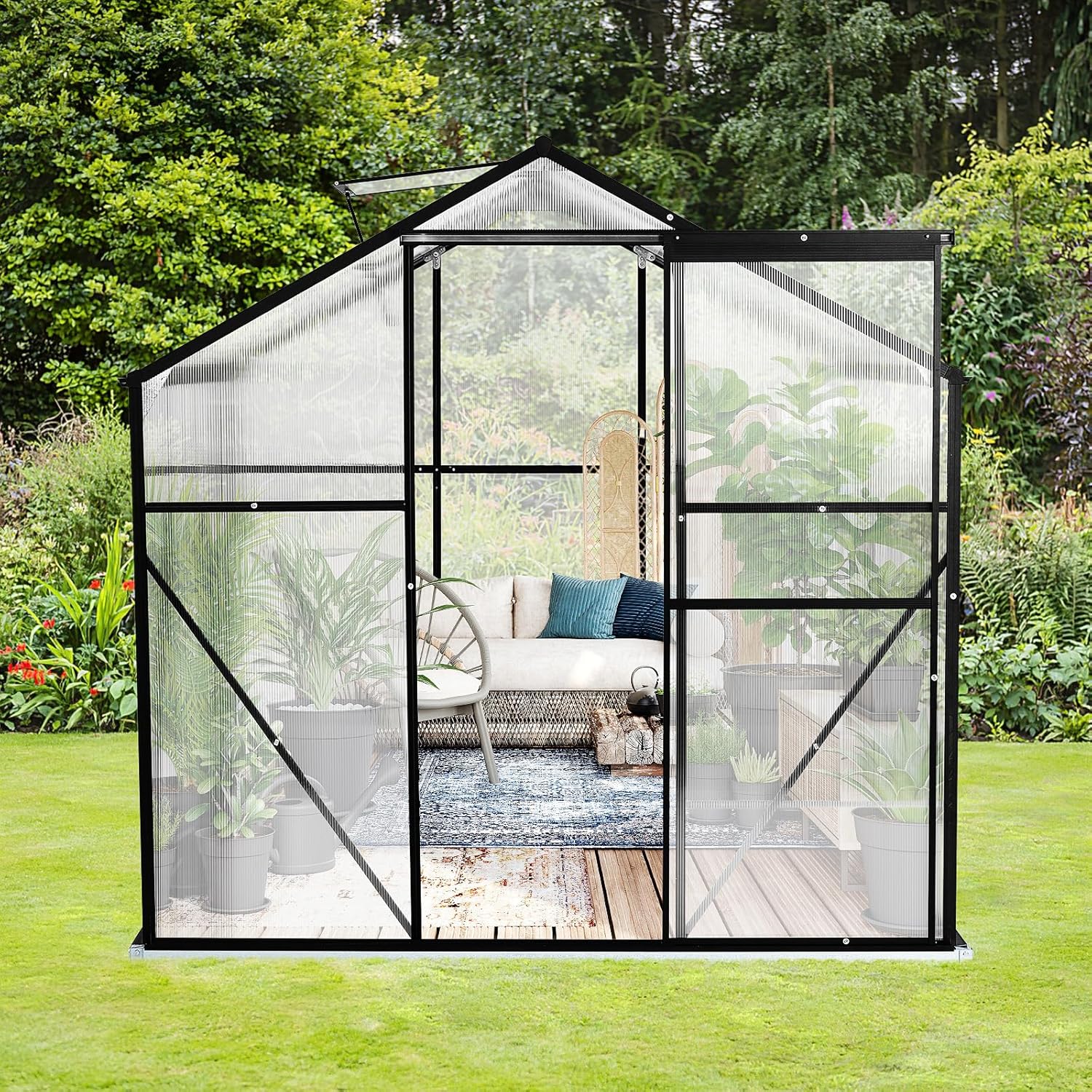 10x6 FT Polycarbonate Greenhouses with Sliding Door and Adjustable Vent Window, Black Q3784