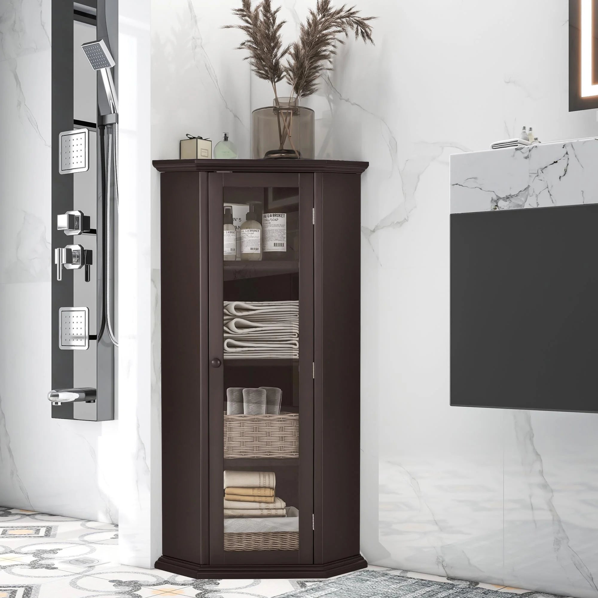 Freestanding Bathroom Cabinet with Glass Door, MDF Board with Painted Finish J983