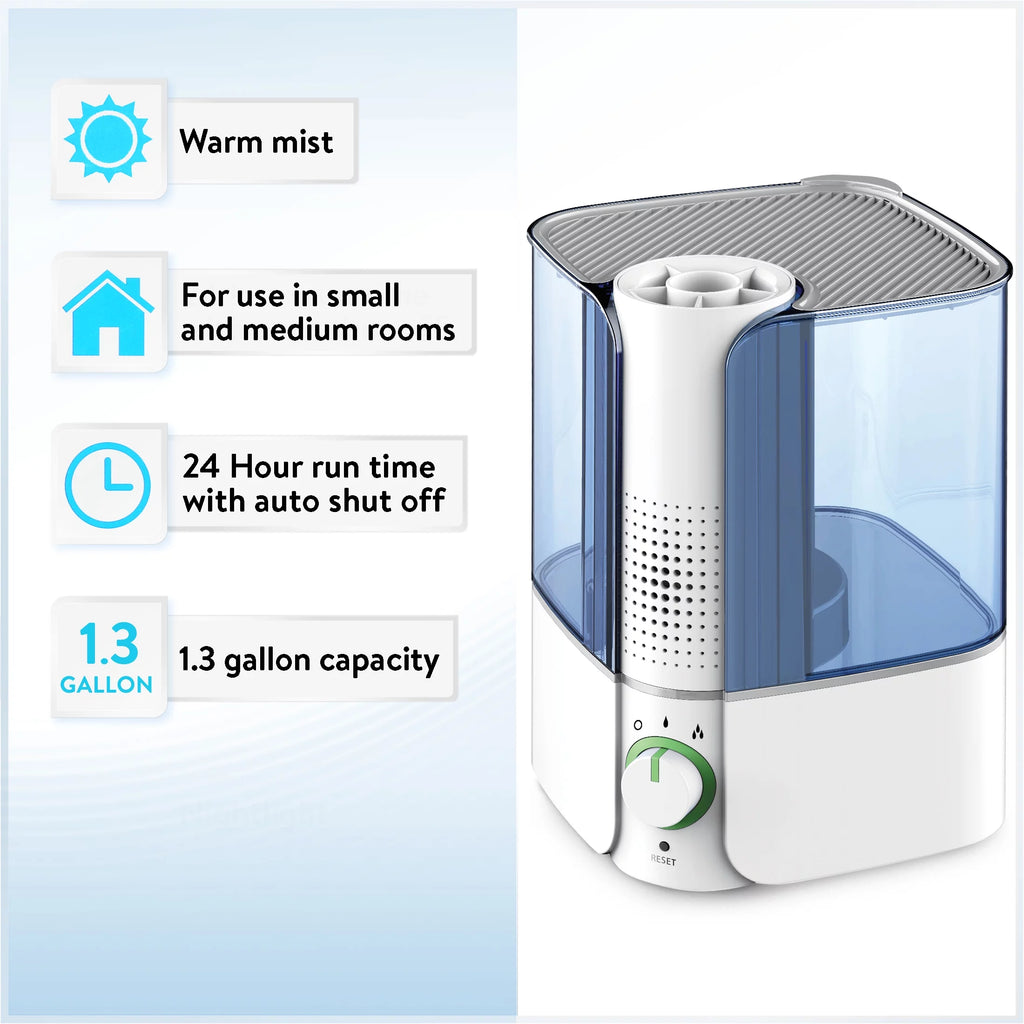 Warm Mist Humidifier, Filter Free, White & Blue, Top Fill, 1.3 Gallon N946