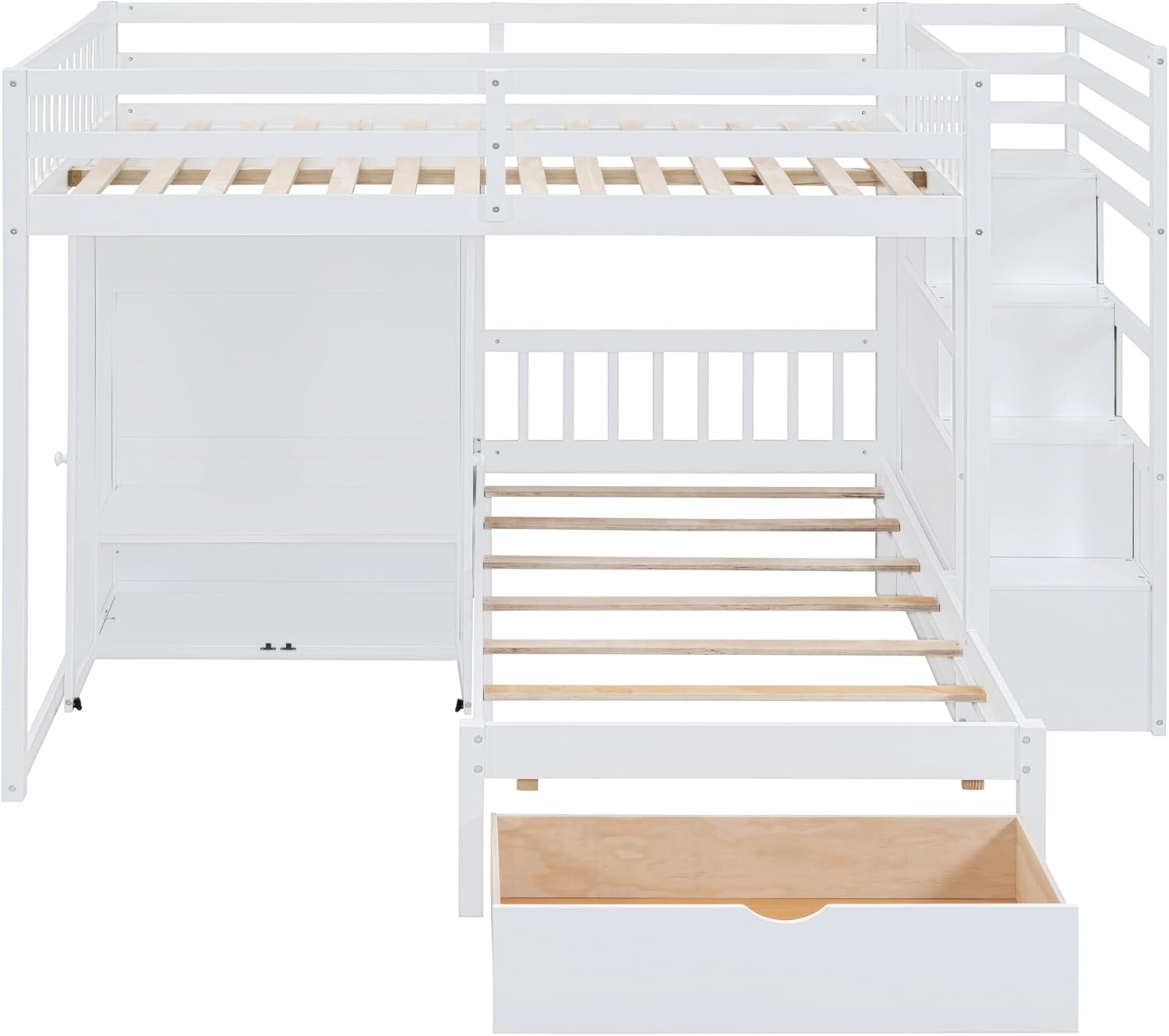 White Wood Bunk Bed with Wardrobe, Staircase and Drawers R38858