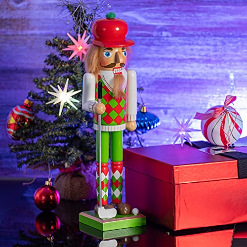 Red and Green Wooden Golf Player Nutcracker 15" E88379