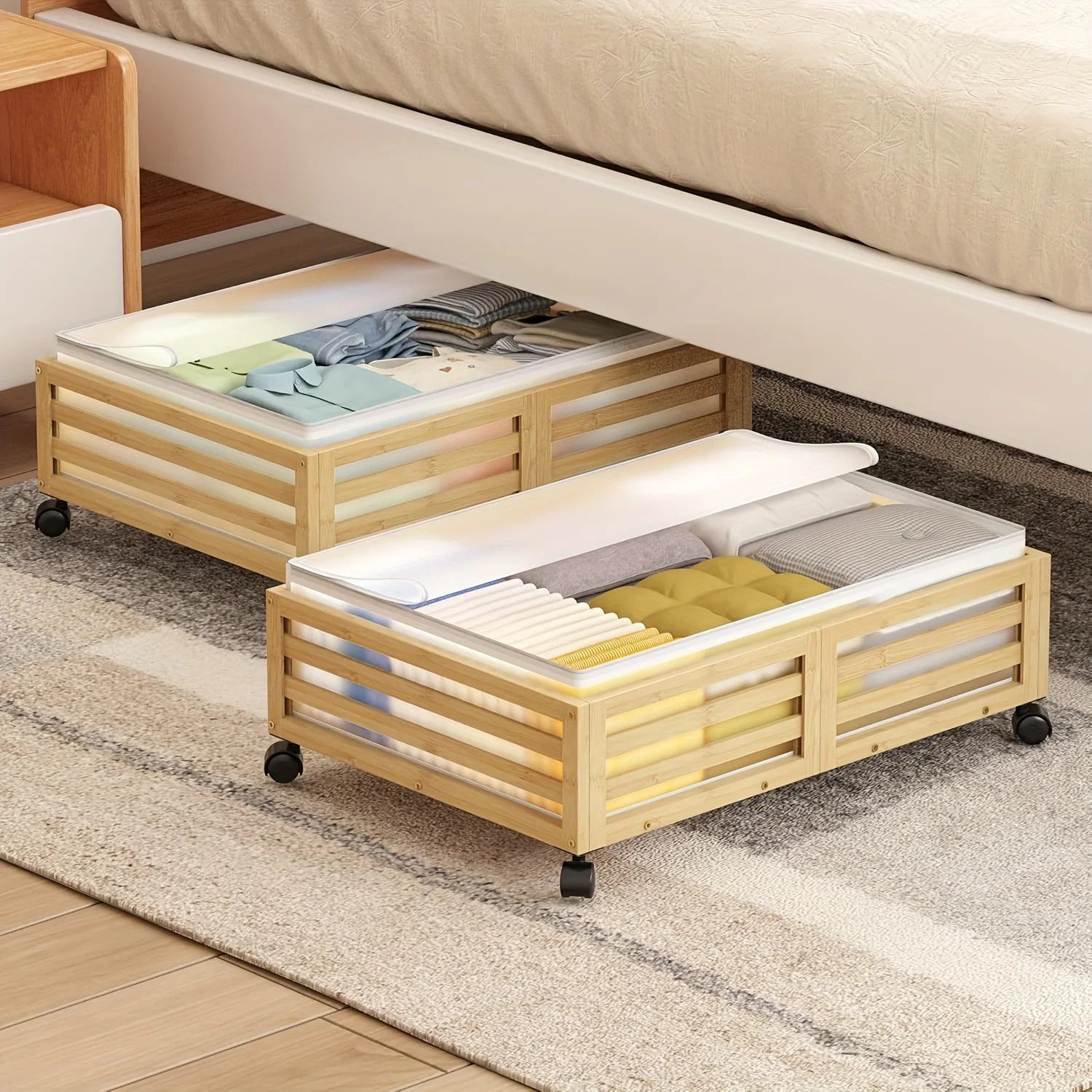 2-Pack Bamboo Under-Bed Storage Bins with Wheels D124088