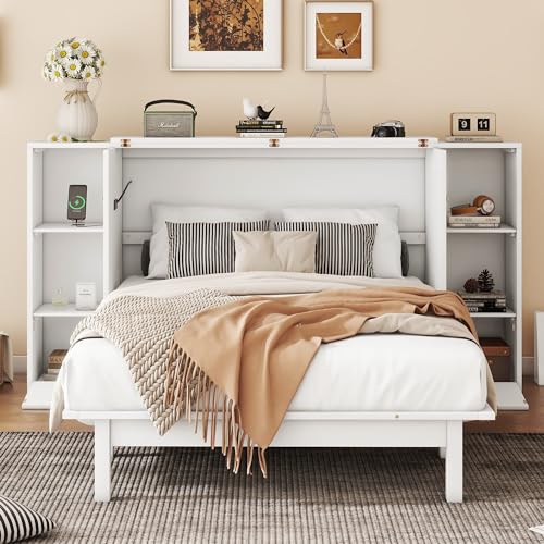 White Solid Wood Murphy Wall Bed with Storage and Bookcase Headboard H113